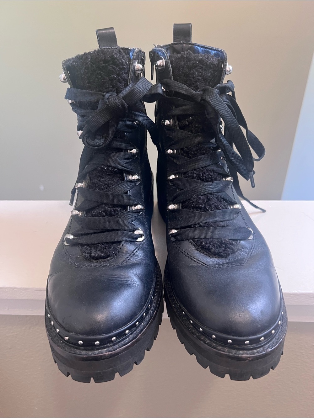 Steve Madden Rainier Black Leather Combat Boots Sherpa Lug Sole Size 9 - Picture 2 of 12